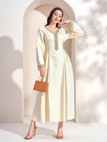 Women's V-Neck Color Block Lace Up Elegant Long Sleeve Arabian Dress - Apricot - View 7