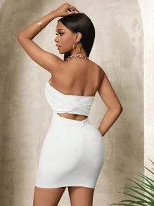 BamGleam Women's Summer Solid Color Sleeveless Bodycon Dress With Ruffled Waist And Hollowed-Out Knot,Strapless Dress,White Crop Dress,There Are Many Ways To Wear It,One Shoulder Dress, Mini Short Women Outfit - White - View 3