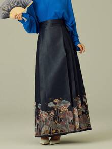 Chinese Style Horse-Face Skirt With Lotus Jacquard Weave Lady's Long Skirt - Blue - View 4