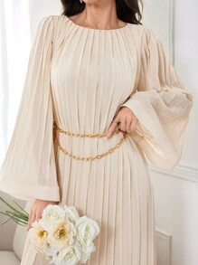 Modelyn Women's Solid Color Pleated Summer Arabic Style Long Sleeve Dress With Round Neckline, Elegant