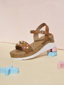 Mini mi Children Colorful Decorated Peep Toe Flat Sandals With Wedge Heel - Brown - View 4