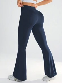 SHEIN Sports High-Waisted & Cross-Waist Elastic Flared Athletic Pants - Navy Blue - View 2
