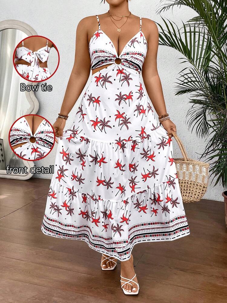 Plus Size Women Summer Vacation Style Palm Tree Printed Hollow Out Waist Strap Long Dress Maxi Women Outfit