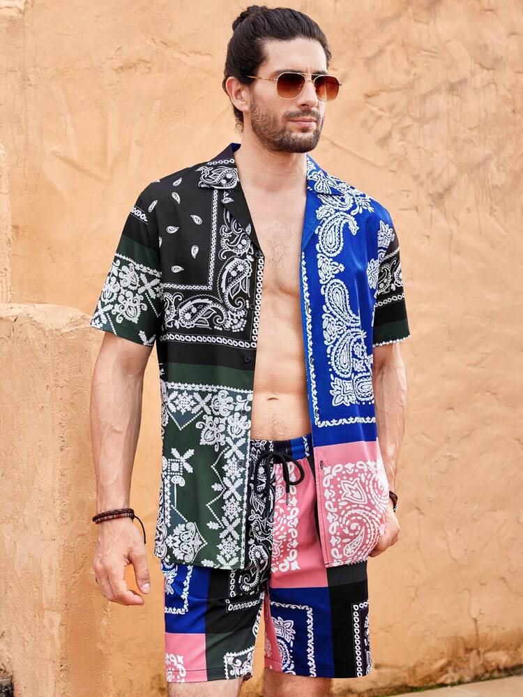 Men's 2-Piece Beach Outfit: Lightweight Breathable Woven Paisley Graphic Hawaiian Shirt And Matching Shorts Co-Ord Beachwear, Summer