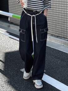 FRIFUL Pantalones vaqueros de mujer con bolsillos grandes de unicolor