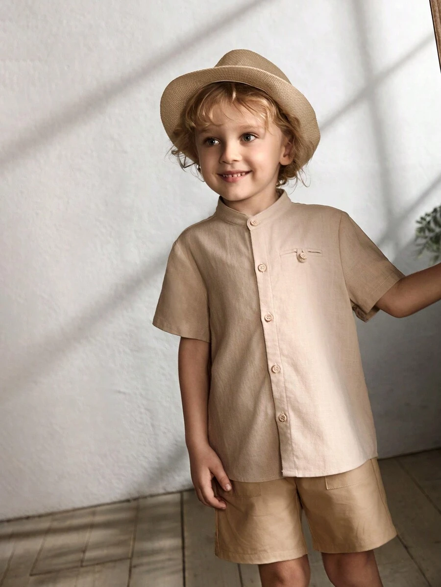 Cozy Pixies Young Boy Casual Stand Collar Short Sleeve Open Front Shirt - Apricot - View 1