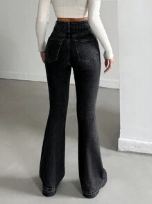 Ladies' Flare Jeans With Pockets - Dark Grey - View 4