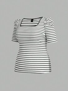 SHEIN Essnce Paquete de 3 camisetas de cuello cuadrado ajustadas de verano para mujer talla grande, ropa de verano para mujer, blusas lindas, camisetas a rayas, atuendos de verano, blusas talla grande, blusas curvilíneas