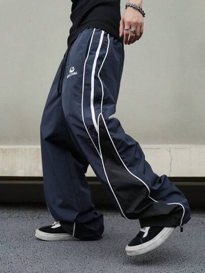 Manfinity Campus Court 男士休闲拼色抽绳直筒裤，外出长款拼色蓝色直筒运动裤，适合秋季