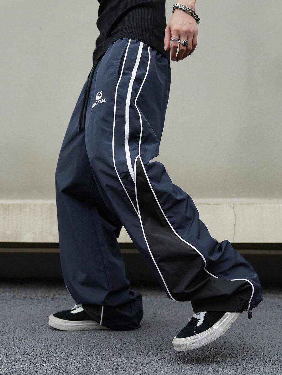 Manfinity Campus Court Men's Casual Color Block Patchwork Drawstring Straight Pants, Going Out Long Colorblock Blue Straight Leg Sweatpants, For Fall - Navy Blue - View 1