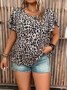 SHEIN LUNE Plus Size Leopard Print Vacation Casual Shirt - Apricot - View 1