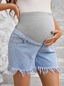 SHEIN Maternity Denim Shorts With Casual Design, Frayed Hem, Knitted Panel And Adjustable Waist - Multicolor - View 7