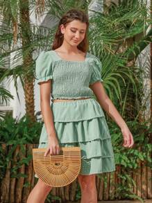 Teen Girl Green Square Neck Short Sleeve Top & Green Midi Cake Skirt & Long Sleeve Square Neck Running Top & Casual Crossed Casual Pants Family Matching Outfits (4 Sets Sold Separately) - Green - View 6