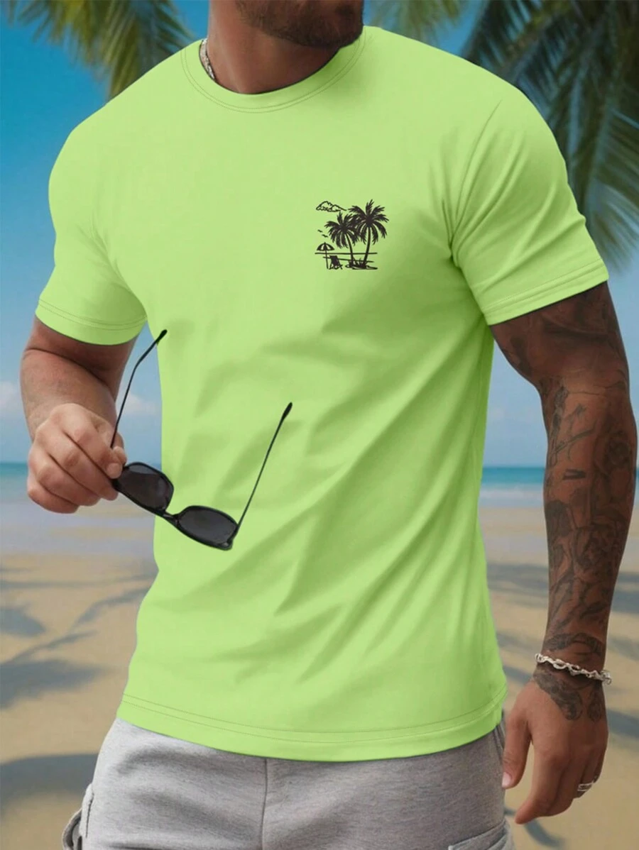 Manfinity RSRT Camiseta casual de manga corta con estampado de palmeras para hombre en verano