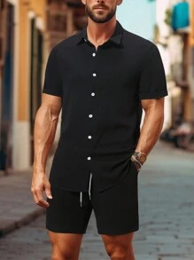Men Summer Casual Solid Color Short Sleeve Shirt And Shorts Set - Black - View 1