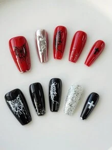 ROMWE 10pcs Handmade High-Quality False Nails In Gothic Style, Including 3pcs Double-Sided Adhesive, Y2K Punk Nails With Detachable Rhinestone Butterfly Decor, Suitable For Festival, Party, Dance And Daily Use, Halloween - Multicolor - View 1