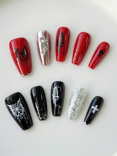 10pcs Handmade High-Quality False Nails In Gothic Style, Including 3pcs Double-Sided Adhesive, Y2K Punk Nails With Detachable Rhinestone Butterfly Decor, Suitable For Festival, Party, Dance And Daily Use, Halloween