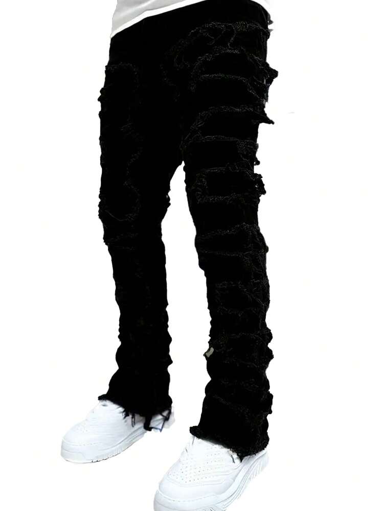 Men's Casual Washed Distressed Ripped Hem Jeans - Black - View 3