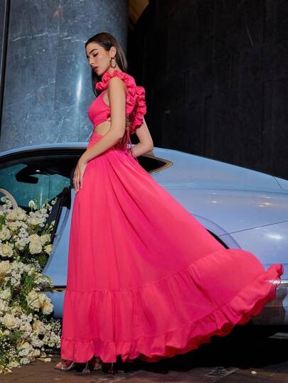 Vestido de noche elegante y formal con volantes y lazo cruzado en la espalda, escote voluminoso, cierre invisible y falda amplia, apto para graduación, cena y fiesta de boda