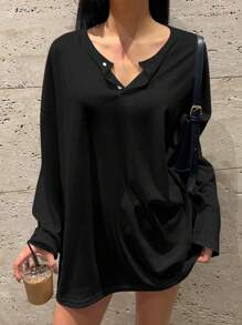 DAZY Women's Spring/Summer Loose Fit Button Half-Placket Drop Shoulder Long Sleeve Solid Color T-Shirt,Fall Clothes Preppy Tops - Black - View 8