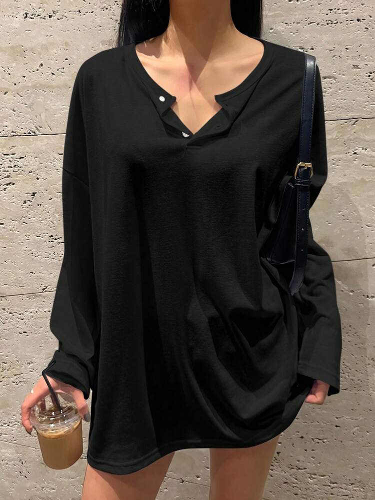 Women's Spring/Summer Loose Fit Button Half-Placket Drop Shoulder Long Sleeve Solid Color T-Shirt,Fall Clothes Preppy Tops