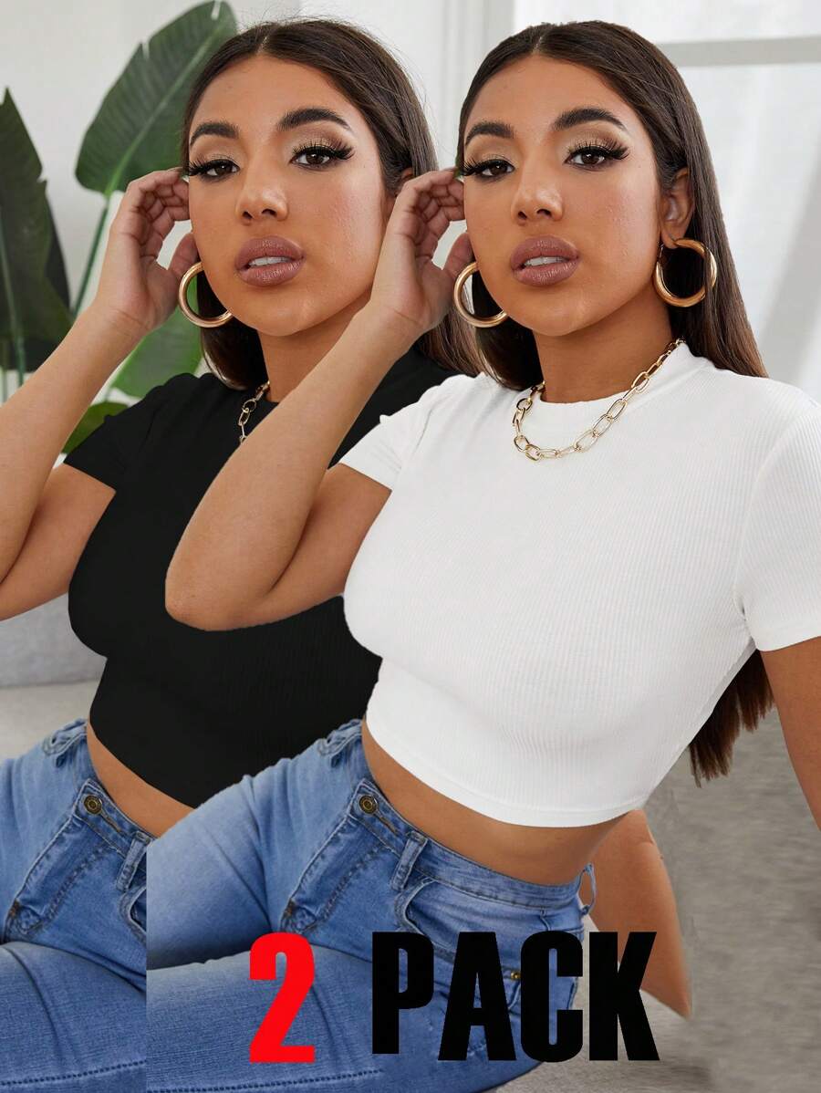 EURMUSE T-Shirt Basic Casual Street Cute Summer Crop 2 Multipack - Multicolor - View 1