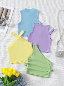 Bộ 4 chiếc áo crop top dệt kim màu trơn cho cô gái trẻ - Màu xanh lam - Xem 2