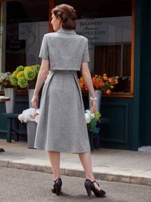 Vintamour 复古优雅女士 2 件春夏套装，方领无袖吊带背心连衣裙和短袖短款西装外套，灰色通勤装夏季连衣裙夏季装商务专业中长款女士连衣裙老钱装演唱会女士装女士复古服装乡村演唱会装老钱美学办公室装女士套装