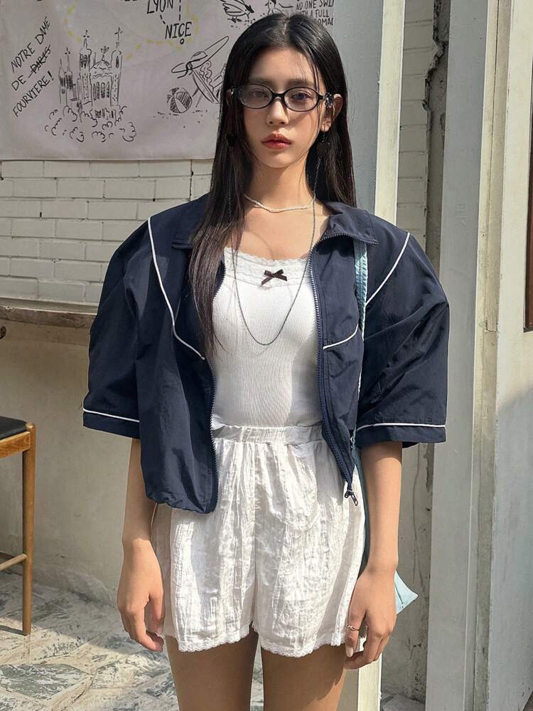 Women's Casual Color Block Zip-Up Short Sleeve Jacket With Rolled Edge
