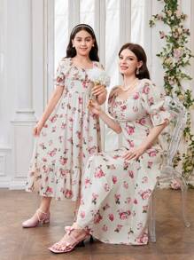 Tween Girl Cute Square Neck Ruffle Trim Bubble Sleeve Dress - White - View 1