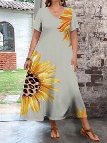 EMERY ROSE Summer Sunflower Print Bodycon Dress For Plus Size Women - Grey - View 3