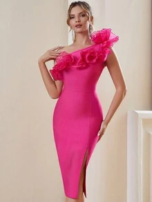 One Shoulder Ruffled Split Tight Bodycon Bandage Dress For Cocktail Party - Hot Pink - View 4