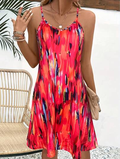 Women's Summer V-Neck Slip Dress - Sleeveless All-Over Print Vacation Sundress , SlayDiva Beach Dress For Women, Flowy Bohemia Mini Dress,Fashion Vacation Outfits Women