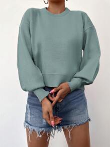 SHEIN Cottnline Women's Drop Shoulder Round Neck Sweater - Mint Green - View 3
