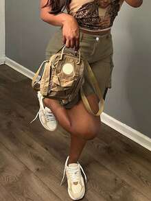 Quần short denim ống đứng dáng rộng nhiều túi kiểu Y2K (Nữ) - xanh quân đội - Xem 5