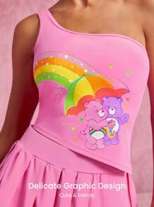GLOWMODE X Care Bears™ 羽毛緊身單肩側開叉運動背心，低衝擊瑜伽日常穿著 - 粉色 - 查看 5