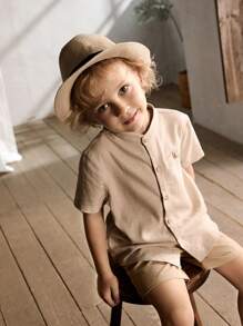 Cozy Pixies Young Boy Casual Stand Collar Short Sleeve Open Front Shirt - Apricot - View 3