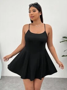 SHEIN EZwear Women's Plus Size Black Ice Silk Cool-Feeling Functional Fabric Smooth & Non-Sticky Solid Color Basic Casual Sports Jumpsuit With Skin-Friendly Material, Non-Removable Chest Pad, Crossed Back Straps, Pockets, Ideal For Daily Leisure - Black - View 6