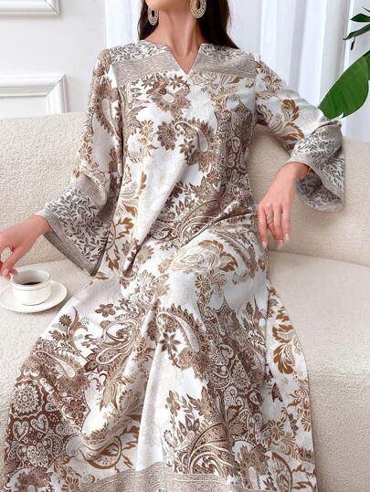 Al Najma 优雅全印花阿拉伯风格长袖朴素连衣裙，带缺口领口，夏季