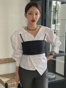 DAZY 女士春夏时尚两件套背心和泡泡袖不对称下摆衬衫长袖上衣