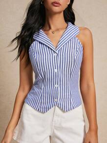 Poéselle Blusa de verano de rayas cómoda y transpirable sin mangas, adecuada para uso diario en el trabajo - Azul - Ver 2