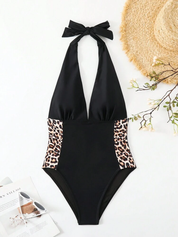 Women's Leopard Print Splice Deep V Sexy Halter Strap One Piece Swimsuit For Holiday Summer