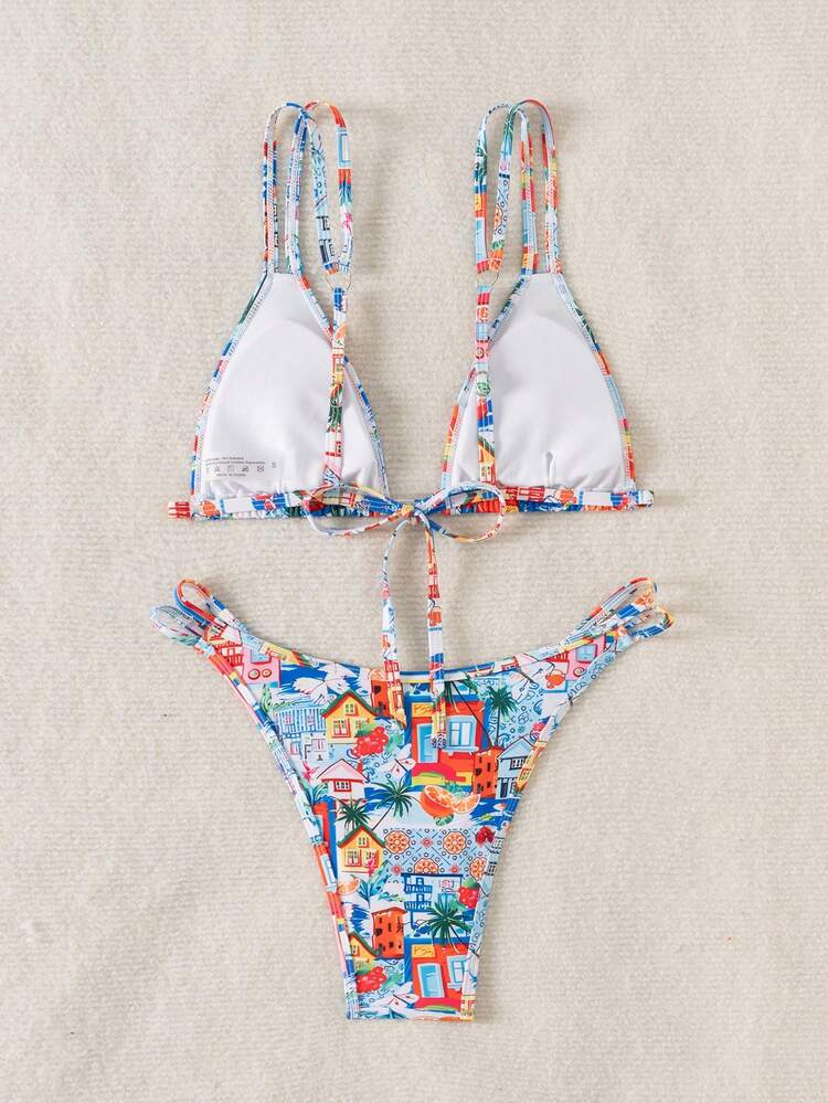 Summer Women Printed Beach Swimwear Set With Bralette Bikini Bra And Bikini Bottoms