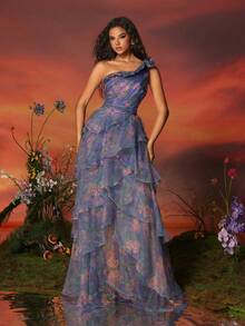 VIPGIRL Oblique-Shoulder Lace & Petal Hem Women's Evening Party Dress Elegant Formal Prom Wedding Guest Gown, For Graduation, Dinner - Purple - View 8