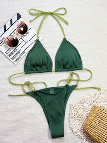 Swim SXY Women's Summer Beach Color Block Halter Neck Tie Sexy Bikini Set