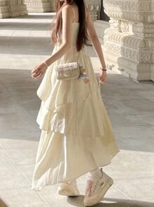 [Y6Y] 女士休闲纯色无袖吊带连衣裙，不对称荷叶边层叠喇叭下摆A字裙