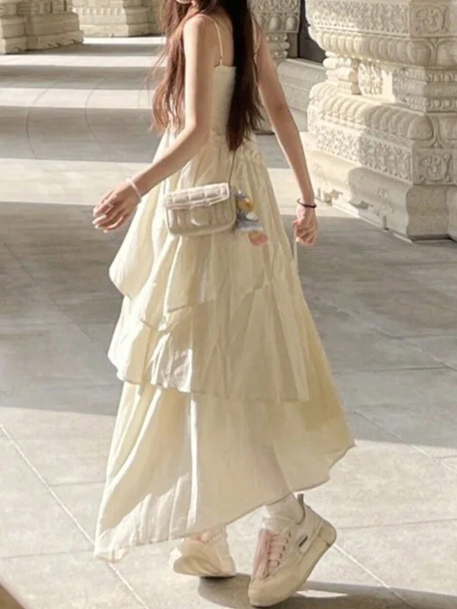 [Y6Y] 女士休闲纯色无袖吊带连衣裙，不对称荷叶边层叠喇叭下摆A字裙