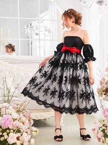 SHEIN Teen Girl Elegant Black And White Contrast With Red Bow Belt Sheer Embroidery Knit Strap Dress