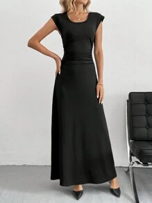 SHEIN Tall Solid Color A-Line Waist Cinched Long Dress Elegant Dress