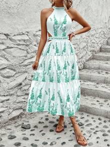 SHEIN LUNE Vestido de vacaciones para mujer con cuello halter impreso, sin mangas y con detalle de huecos y dobladillo de volantes